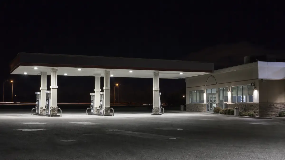Concept image of an empty gas station and convenience store after close