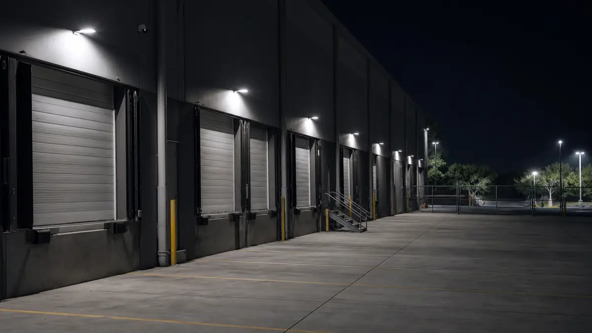Concept image of an empty warehouse loading dock at night